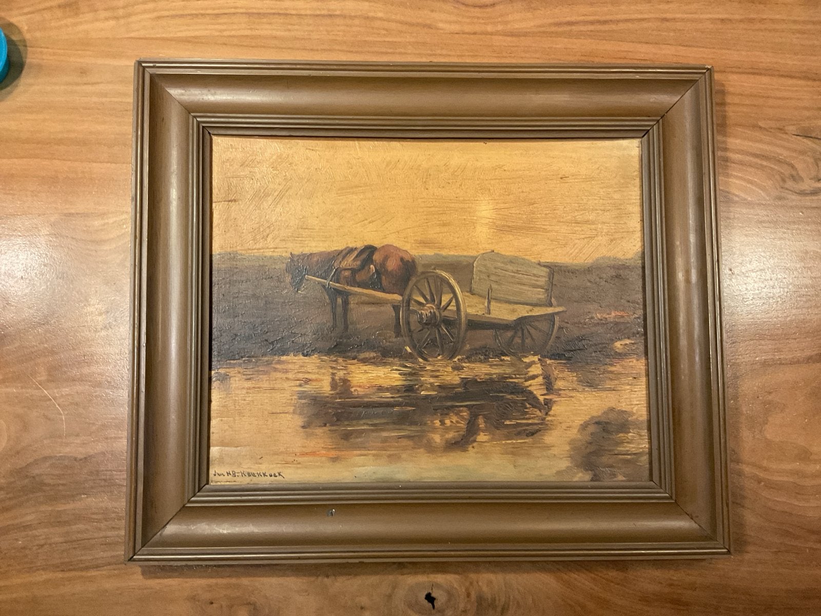 Oud schilderij: Paard en kar bij water, gesigneerd, Antiek en Kunst, Kunst | Schilderijen | Klassiek, Ophalen of Verzenden