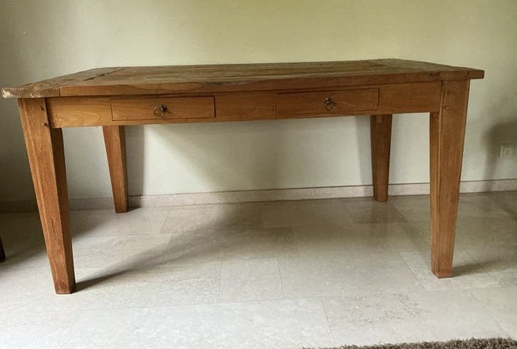 Rustiek teakhouten tafel met 2 lades. Geleefd hout gat-pen., Ophalen, Teakhout, 50 tot 100 cm, Zo goed als nieuw