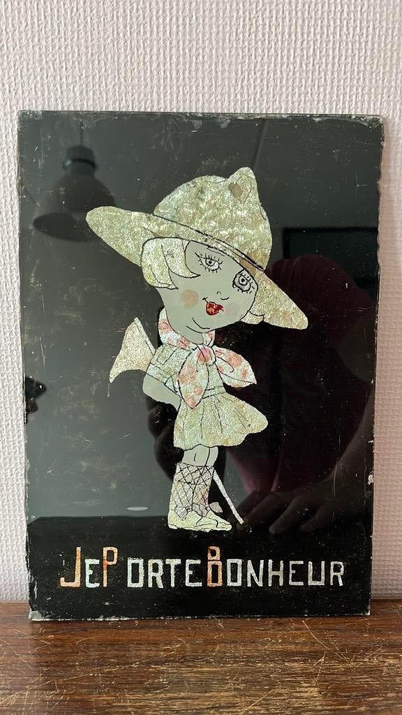 Je Porte Bonheur, vintage glazen reclamebord, Antiek en Kunst, Curiosa en Brocante, Ophalen