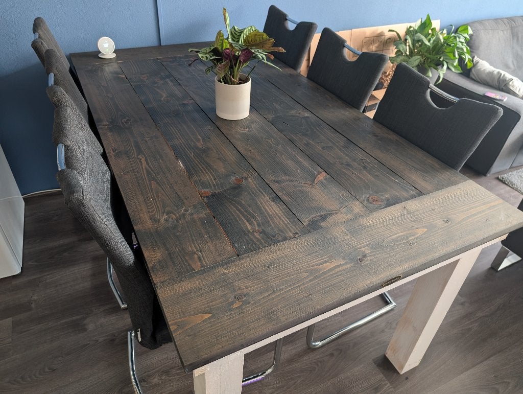 eettafel met bijpassende salontafel en 6 stoelen, Ophalen, Gebruikt, 50 tot 100 cm, Steigerhout