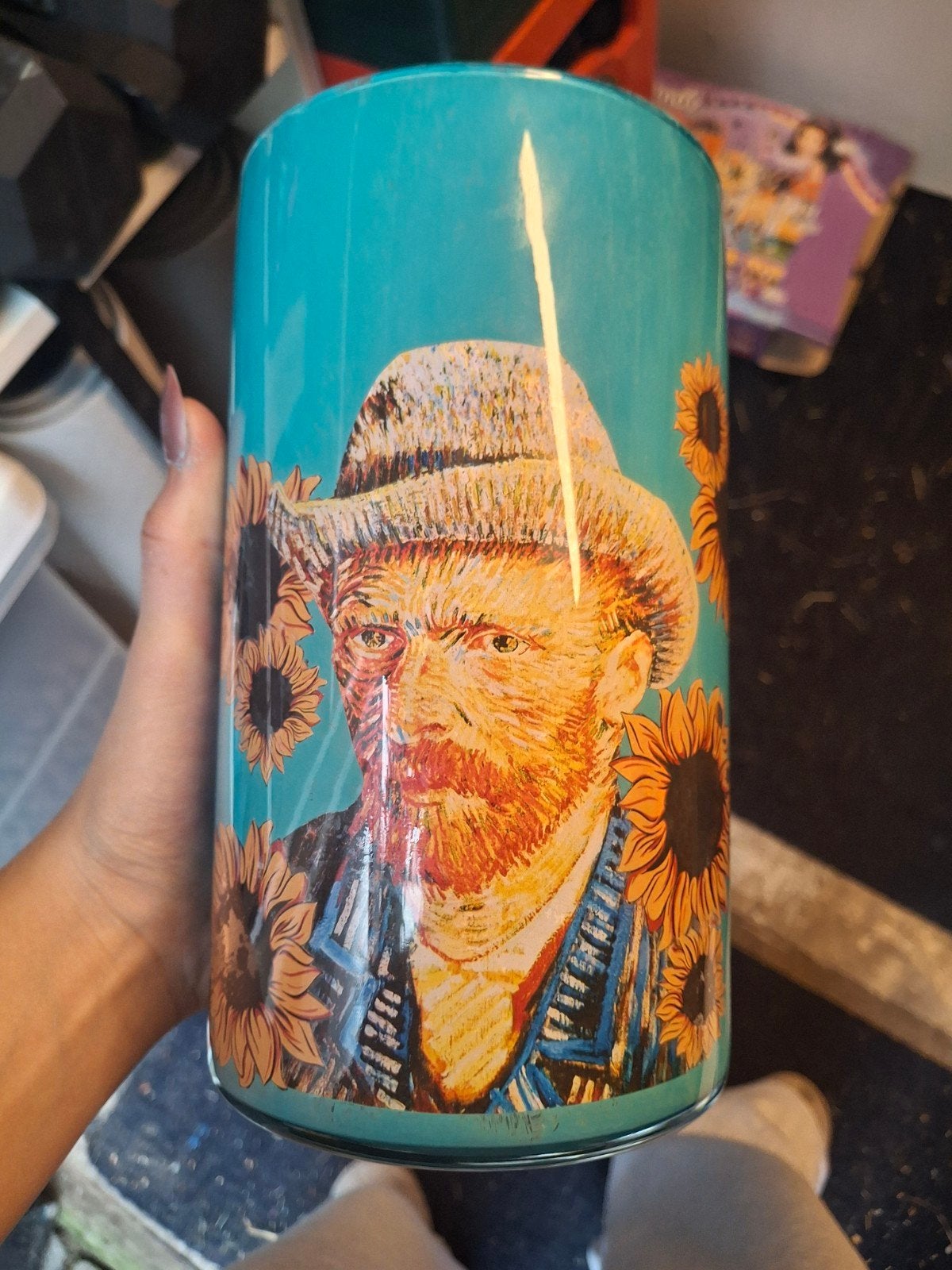 Vaas met Van Gogh 'Zonnebloemen' print, Ophalen of Verzenden, Meerkleurig, Met patroon/structuur, Glas