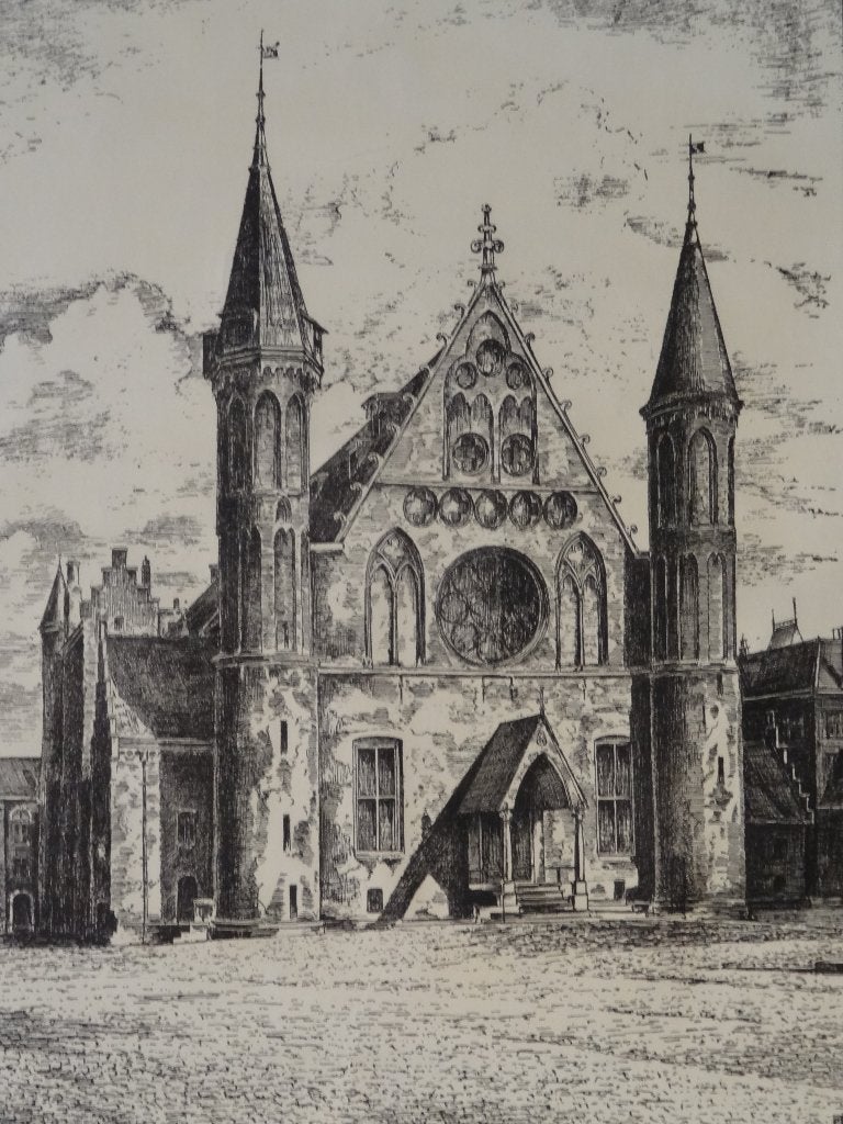 ets Ridderzaal Den Haag, monogram ET en signatuur, Antiek en Kunst, Kunst | Etsen en Gravures, Ets, Architectuur, Ophalen of Verzenden