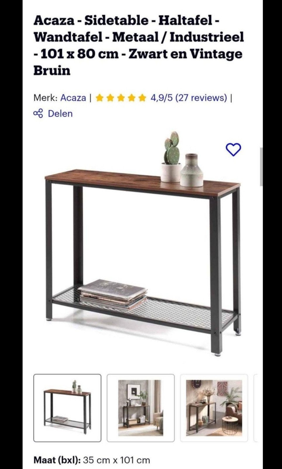 Acaza Sidetable Haltafel Wandtafel Metaal Industrieel, Ophalen, 100 tot 150 cm, Zo goed als nieuw, Metaal