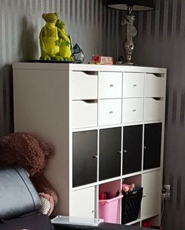 Kallax Kast Inzet Lades/Deurtjes - Zwart, Wit & Glas, Huis en Inrichting, Ophalen, Gebruikt