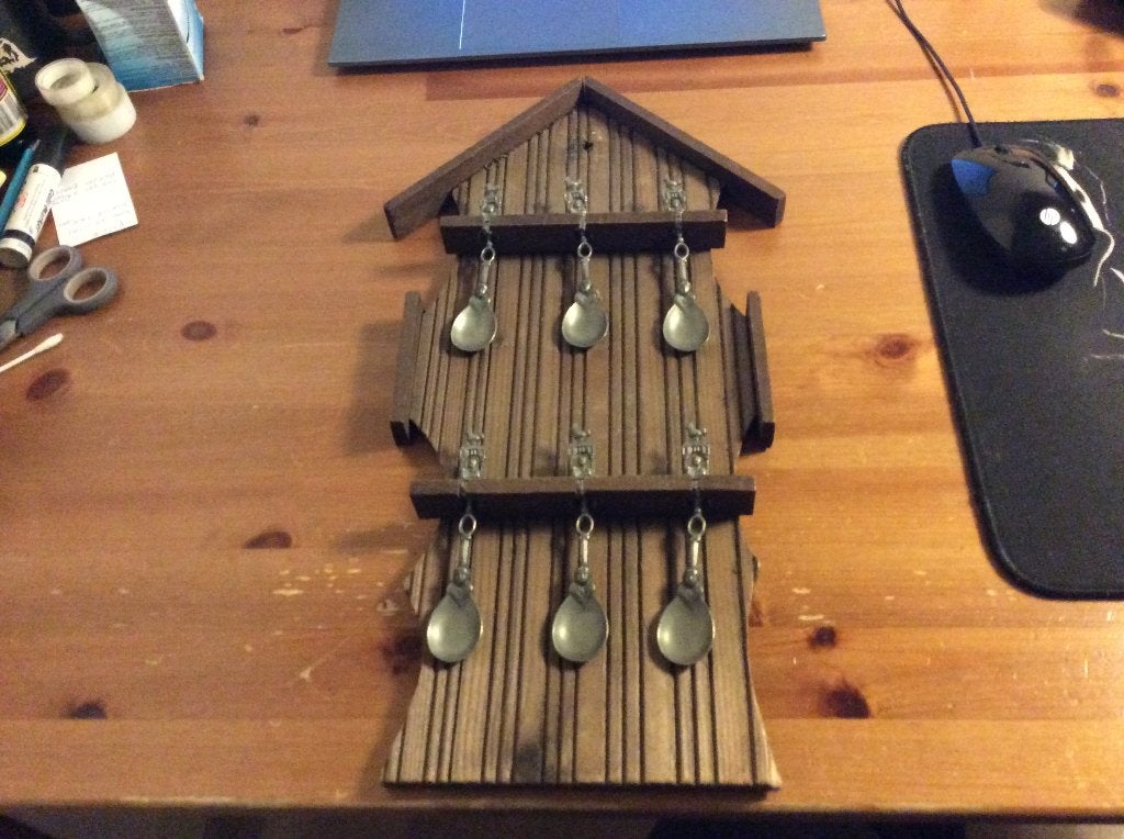 Houten lepelrek met 6 tinnen lepels., Ophalen of Verzenden