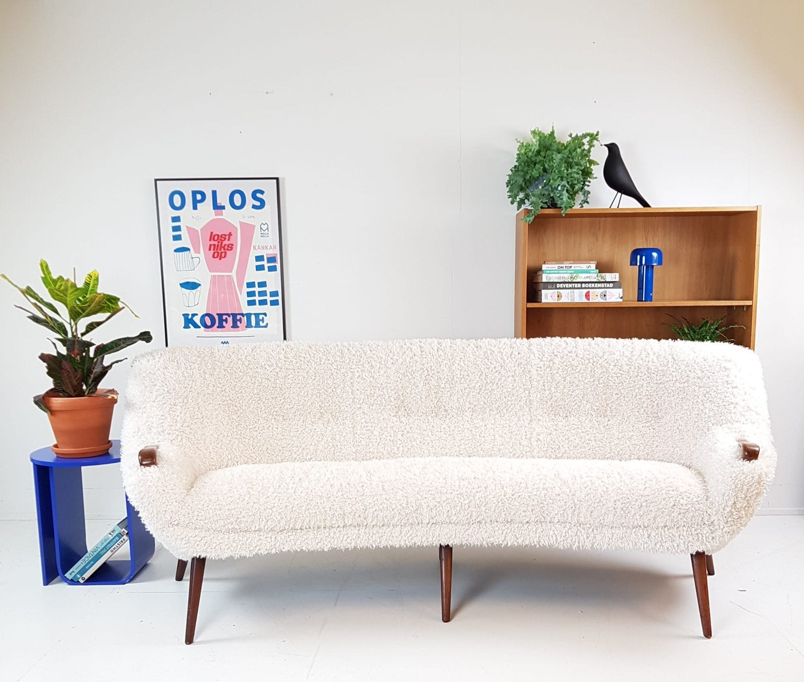 Vintage unieke bank teakhout | half ronde bank creme wit, Ophalen of Verzenden, Zo goed als nieuw, 75 tot 100 cm