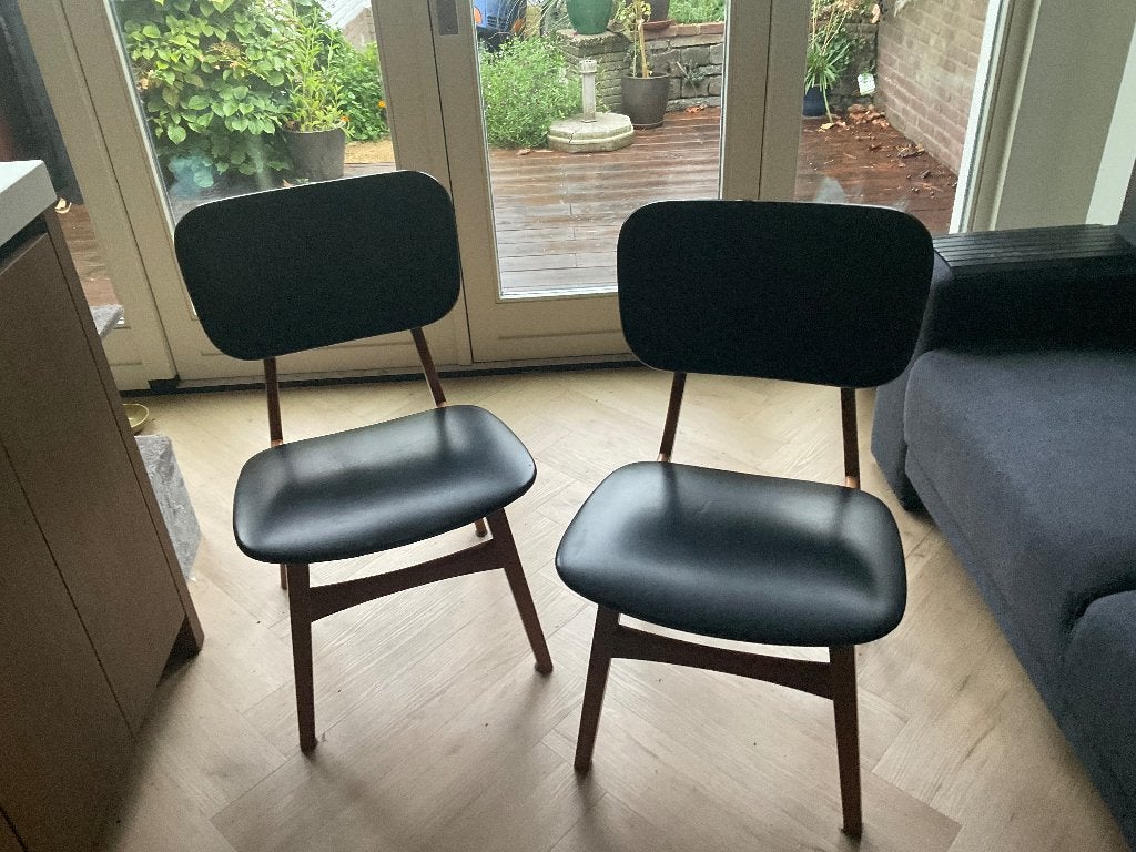 4 Vintage Scandinavische stoelen, skai en hout, Gebruikt, Zwart, Scandinavisch, Vintage, Vier