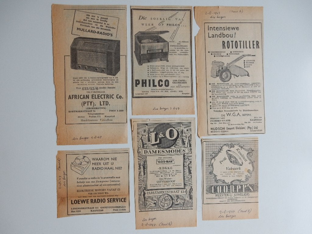 Zuid Afrikaanse reclames uit tijdschriften "Die Burger".1947, Ophalen of Verzenden, 1940 tot 1960, Buitenland, Knipsel(s)