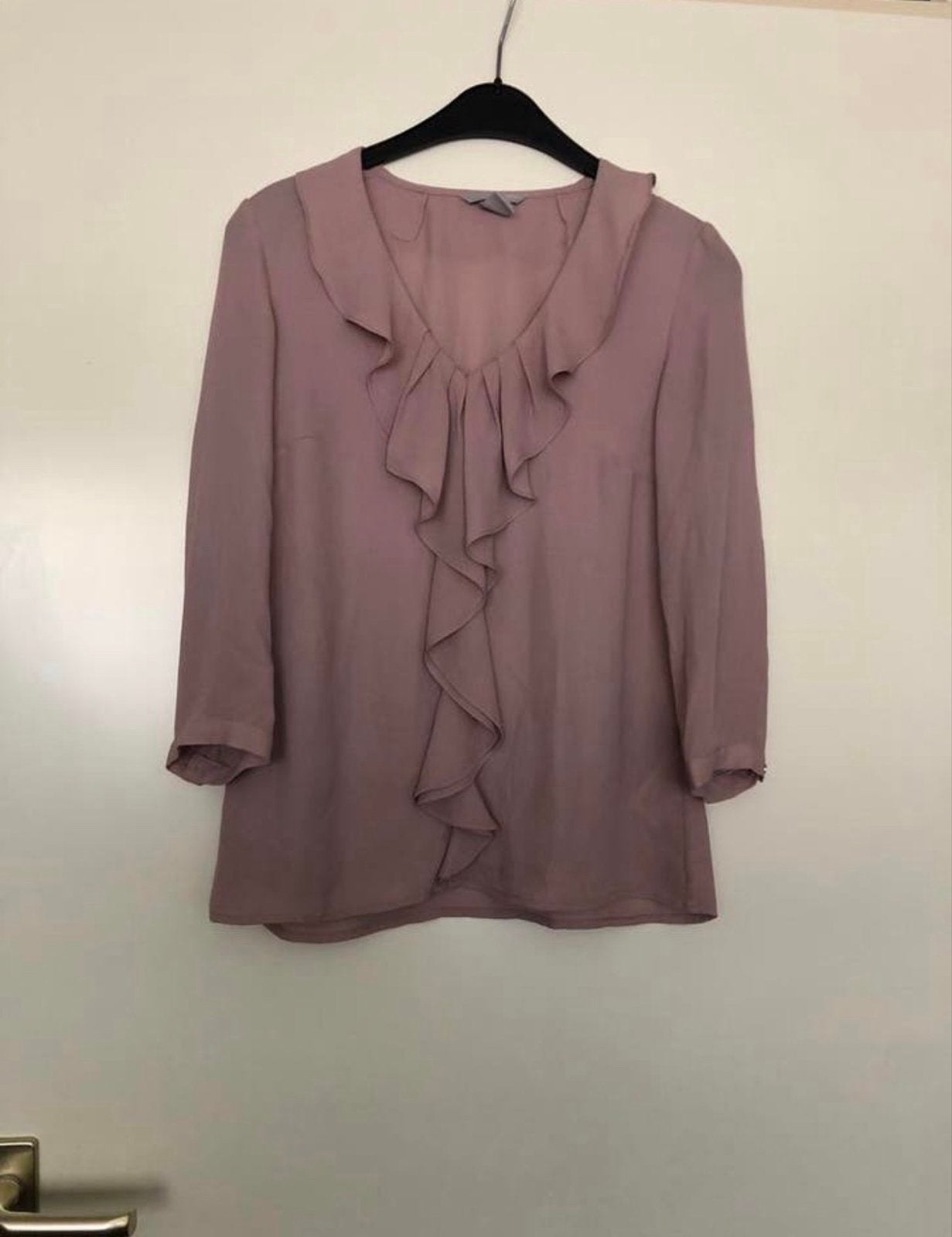 oudroze kleurige blouse met ruches en lange mouwen, Ophalen of Verzenden, Zo goed als nieuw, Maat 38/40 (M), Paars