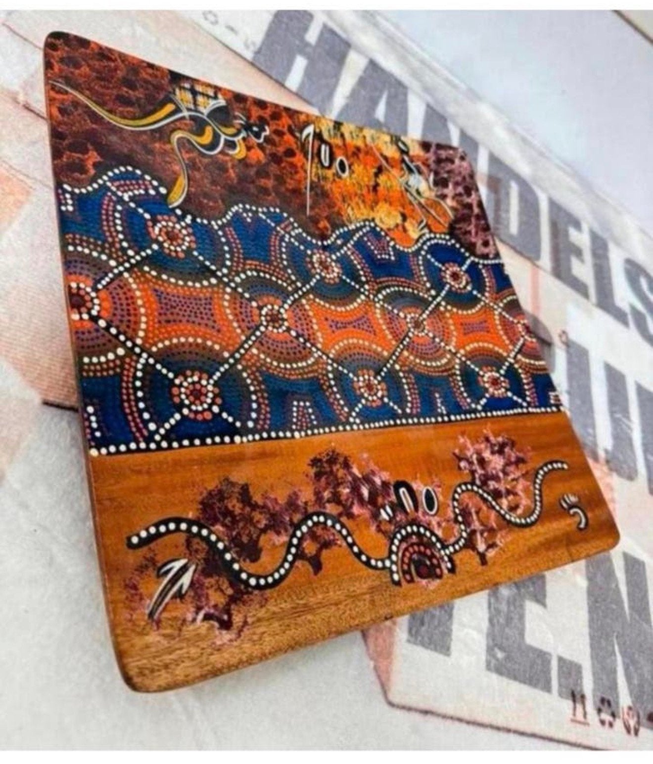 Antiek Valdo Australia Aboriginal houten bord + handtekening, Antiek en Kunst, Ophalen of Verzenden