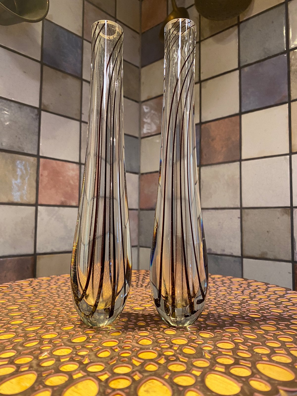 2 dikwandige design glazen vintage vaasjes,hoogte 26 cm, Ophalen of Verzenden, Zo goed als nieuw, Glas