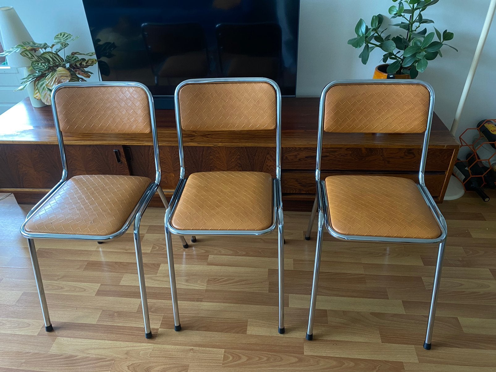 Set van 3 Vintage Mid‑Century Stoelen, Ophalen, Zo goed als nieuw, Bruin, Leer