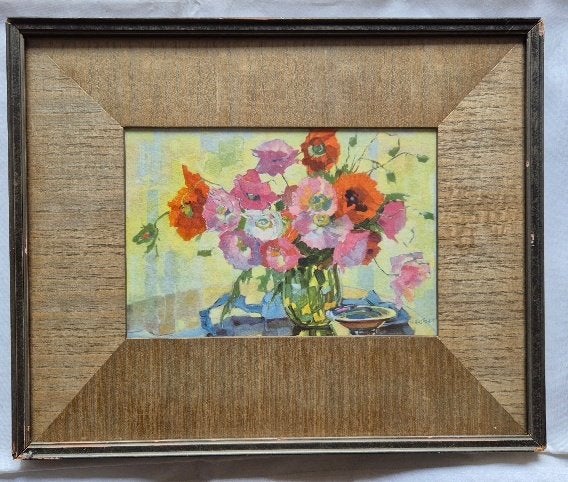 Anna Gasteiger, Kleurlitho, vaas klaprozen, ca. 31 x 25 cm, Antiek en Kunst, Kunst | Schilderijen | Klassiek, Ophalen