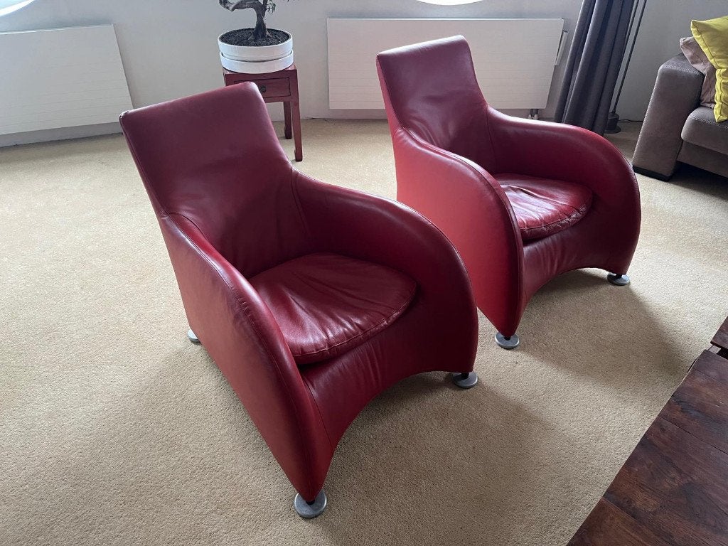 2 Montis loge fauteuils rood leer, Ophalen, Gebruikt, Modern, tijdloos, eigenzinnig, 50 tot 75 cm