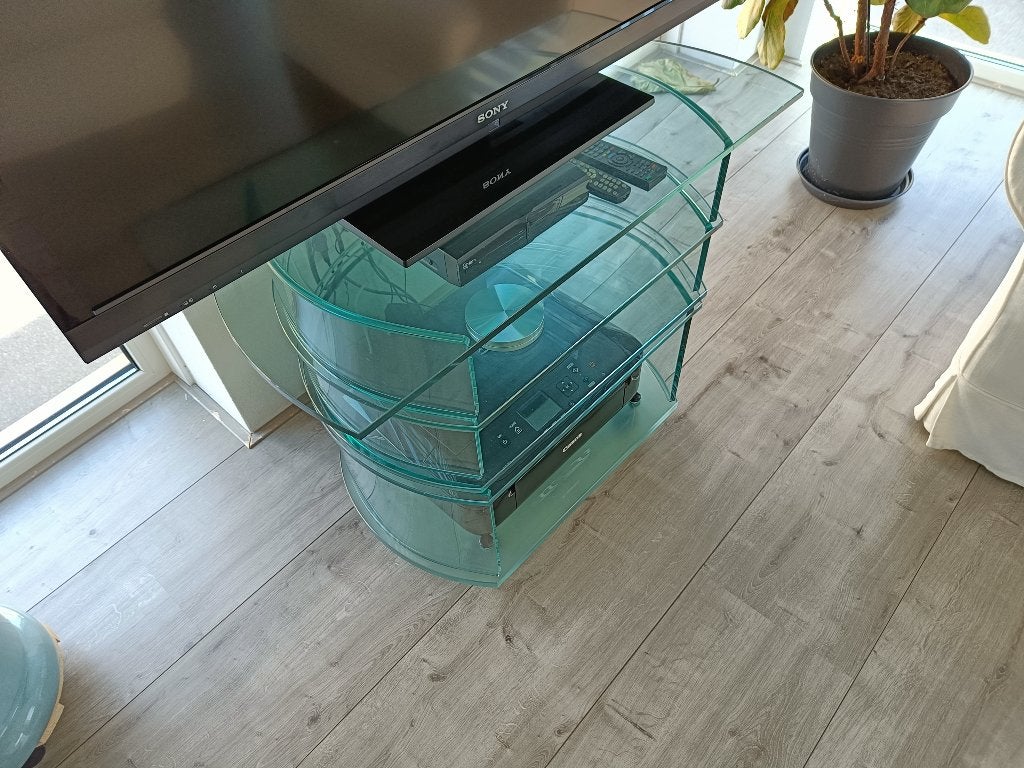 Prachtig Designer TV-meubel | Lichtgroen Glas | Nieuwstaat!, Ophalen, 50 tot 100 cm, Minder dan 100 cm, Glas modern