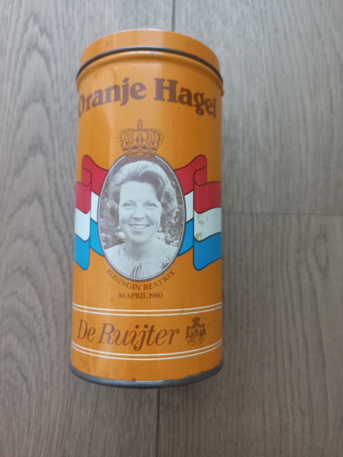 Vintage De Ruijter Oranje Hagel blik Koningin Beatrix 1980, Ophalen of Verzenden, Gebruikt, Nederland, Overige typen