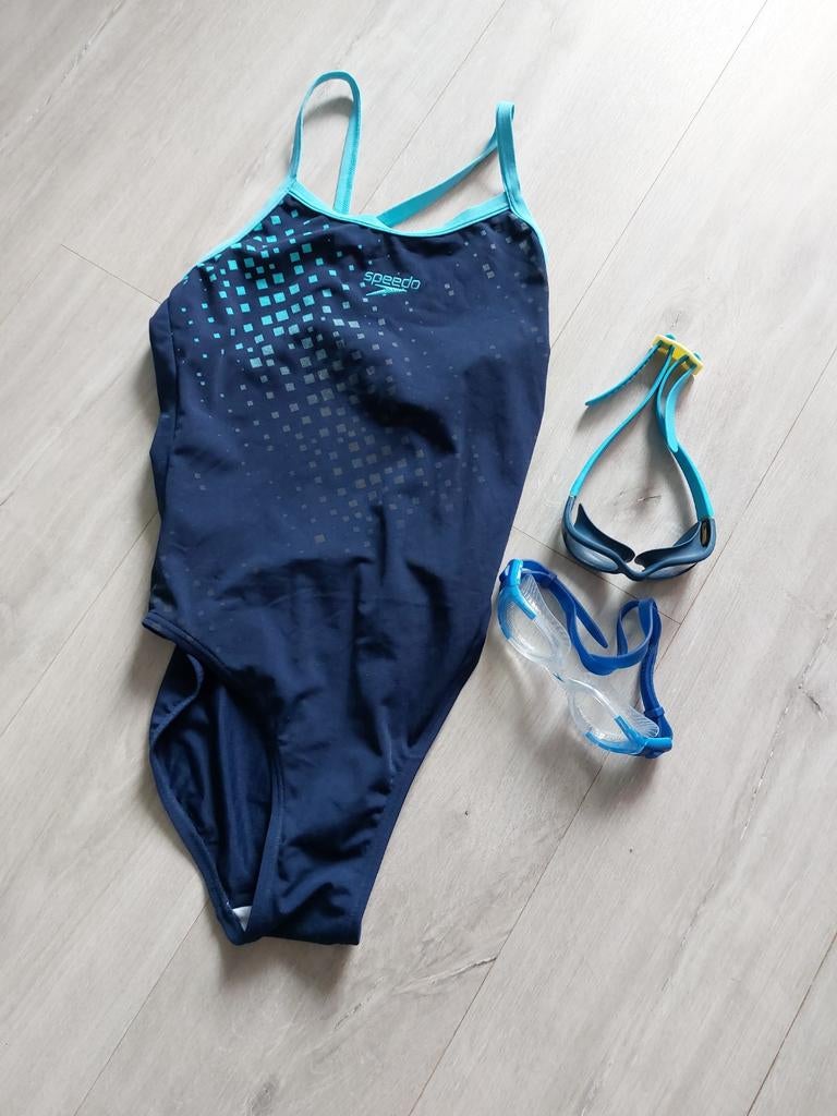 Speedo badpak maat 38 met 2 gratis duikbrillen, Blauw, Badpak, Zo goed als nieuw, Speedo