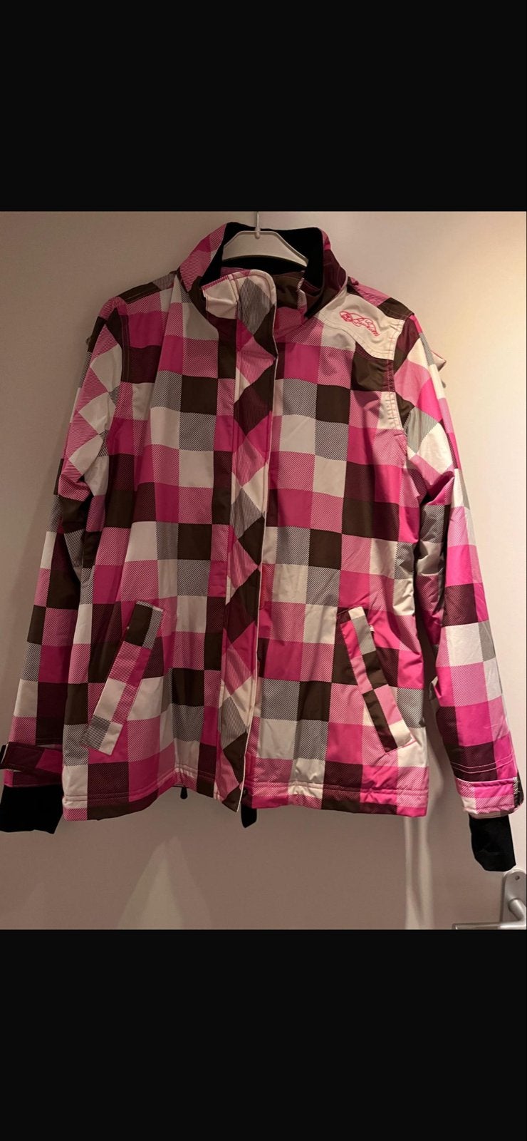Roze geruit ski-jack en roze skibroek set, Ophalen of Verzenden, Gedragen, Maat 38/40 (M), Overige typen