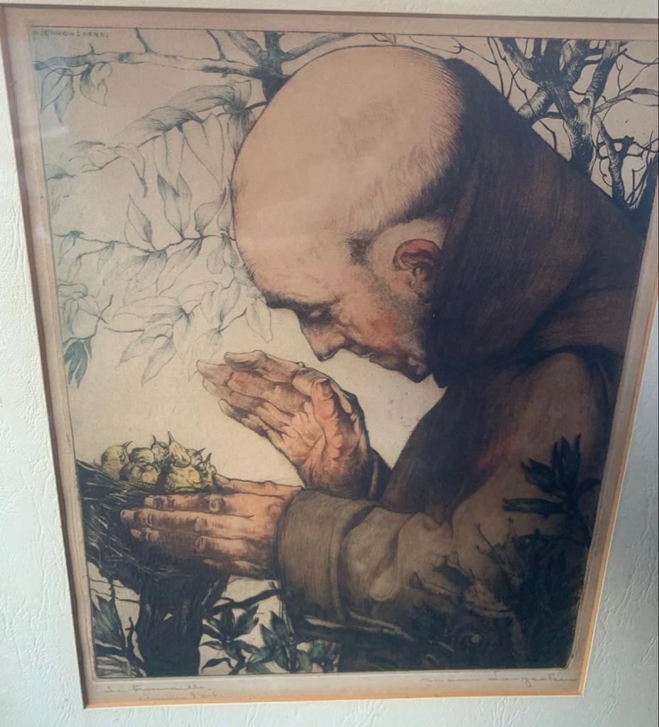 Oude monnik met vogelnest - Ets door M. Langaskens, Ophalen, Ets, Religie, Gesigneerd