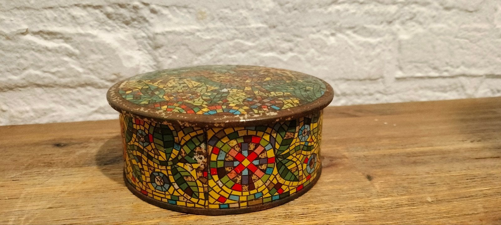 vintage mozaïek blikken trommeltje, Ophalen of Verzenden