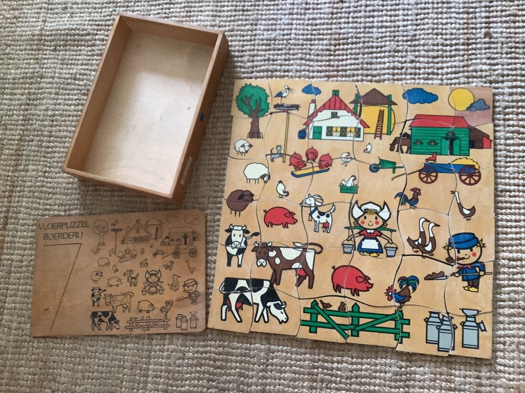 Grote houten kinderpuzzel, oude schoolpuzzel in houten doos., Ophalen, 10 tot 50 stukjes, Gebruikt, Van hout