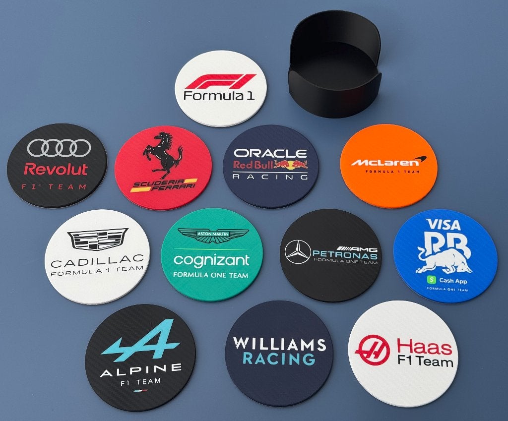 F1 Teams onderzetters (12x) + houder, Ophalen of Verzenden, Nieuw, Antislip, Kunststof