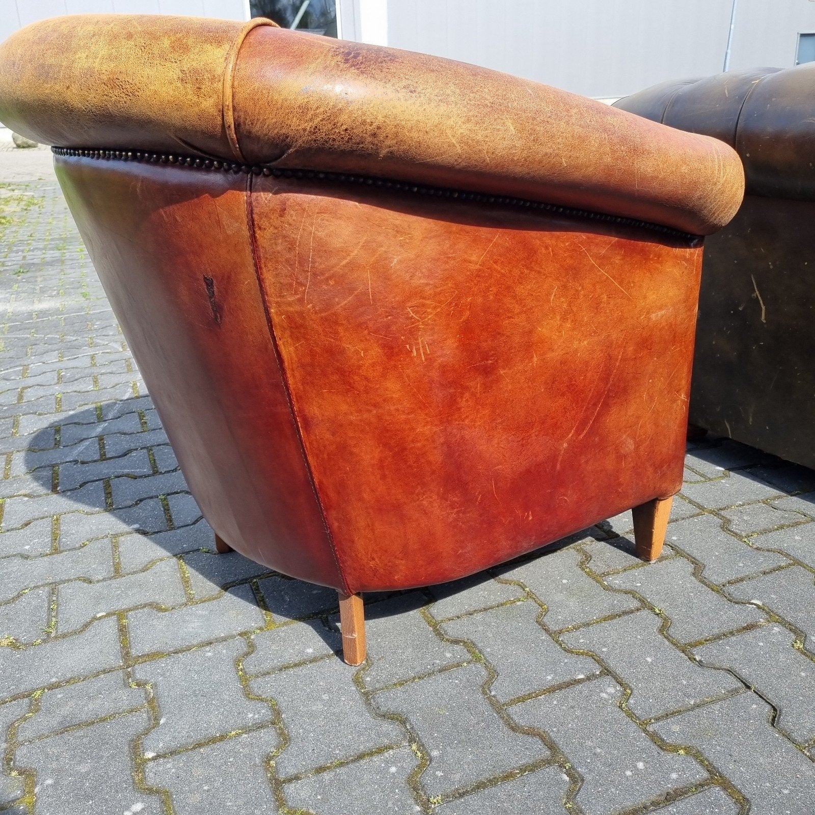 Schapenleren club fauteuil + hocker mét GRATIS BEZORGING, Gebruikt, ., Vintage, Ophalen of Verzenden