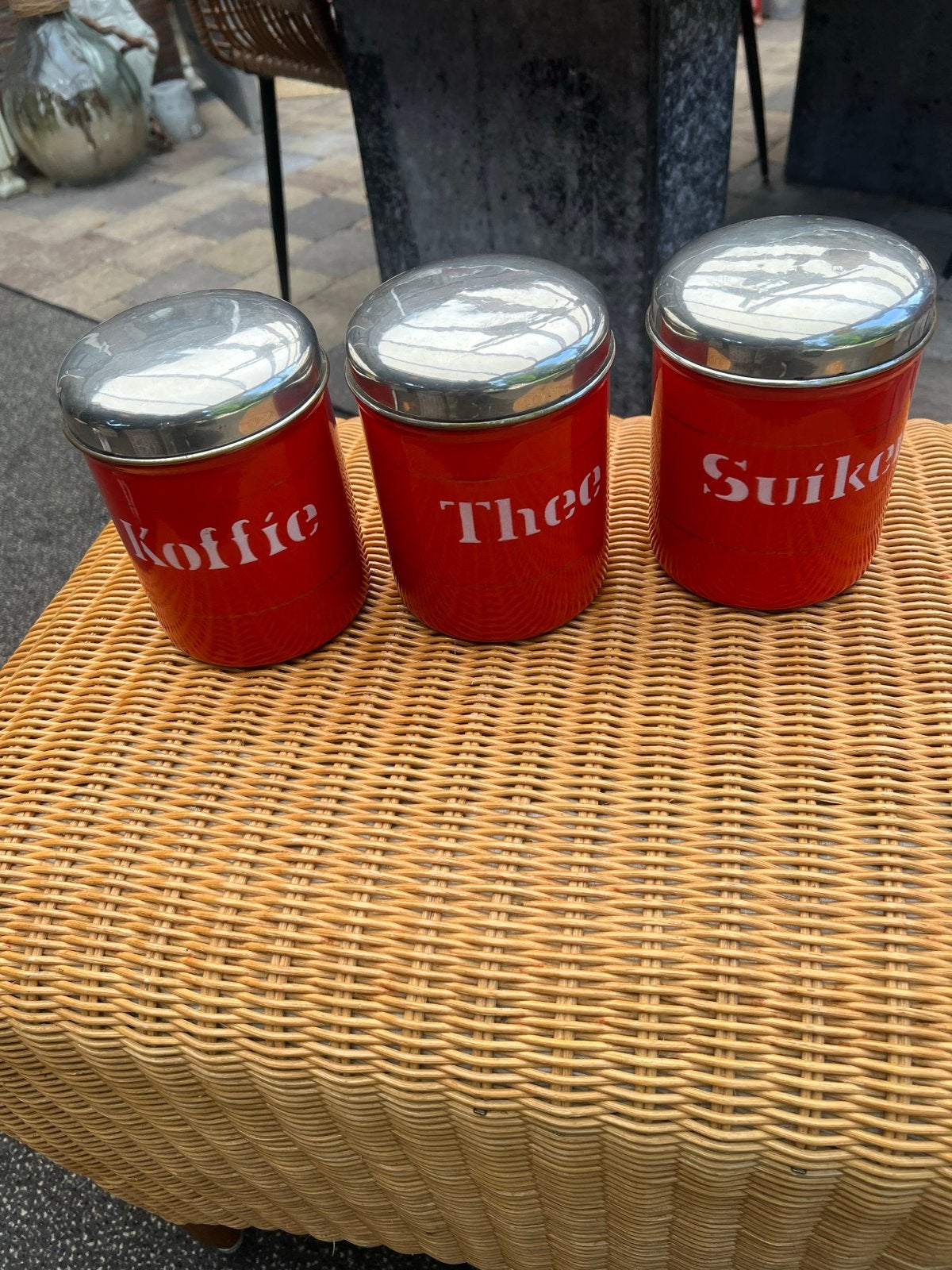 Set van 3 vintage voorraadblikken: Koffie, Thee, Suiker, Antiek en Kunst, Ophalen of Verzenden