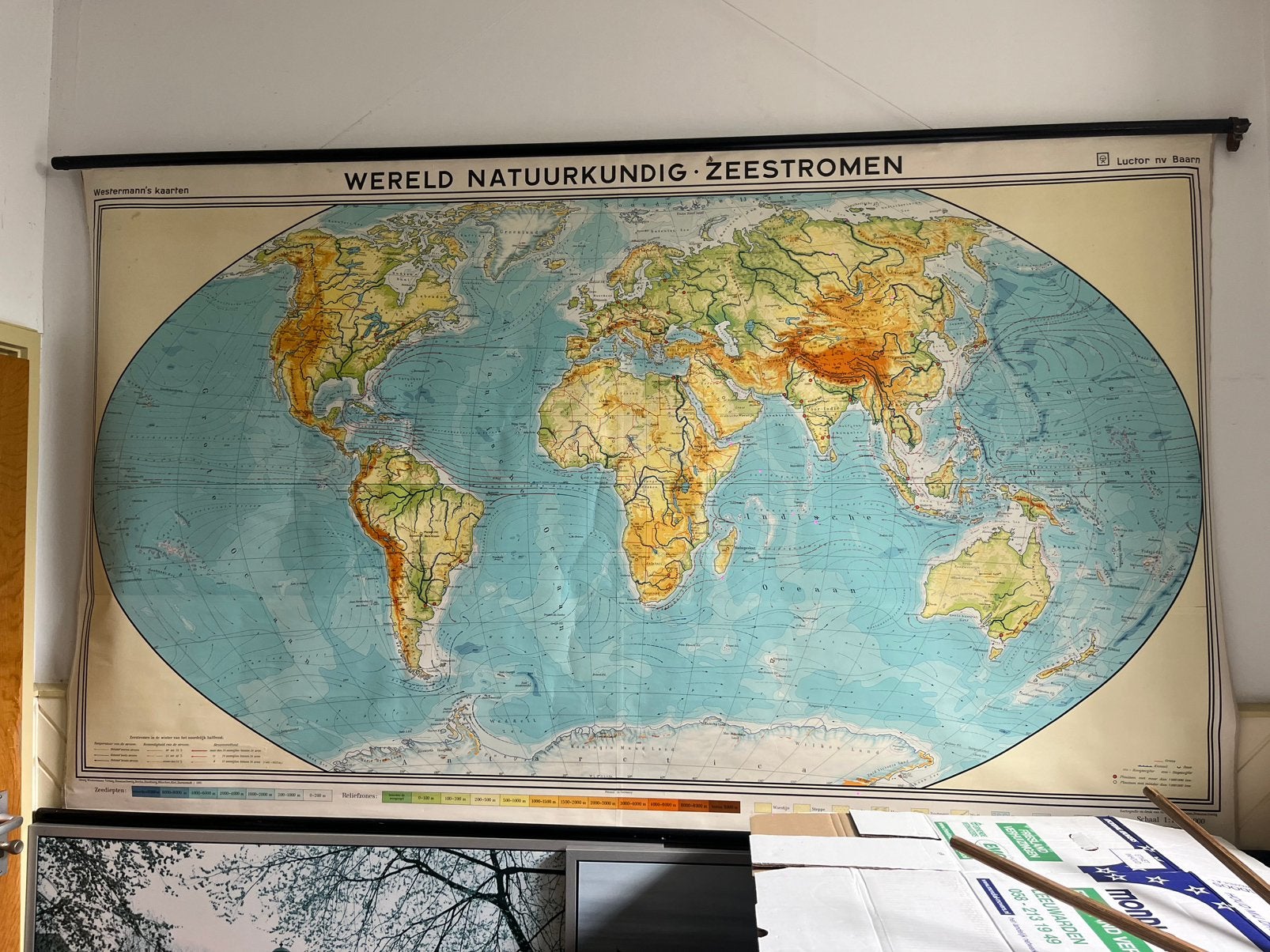 XXL Vintage Schoolkaart Wereld - Natuurkundig & Zeestromen, Ophalen