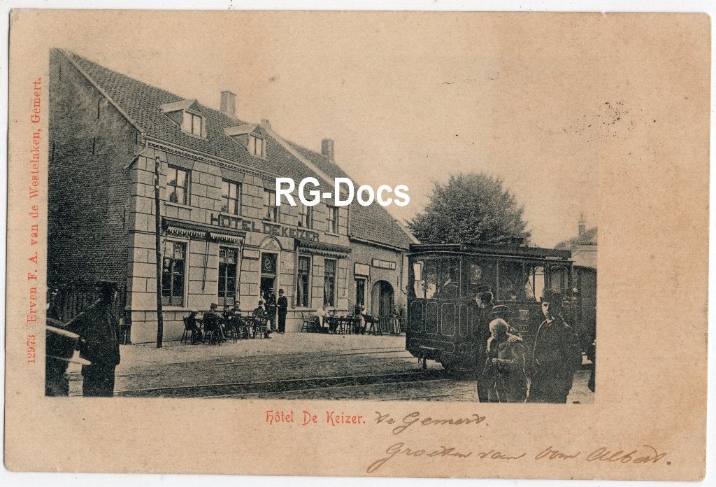 Ansichtkaart - Briefkaart Hotel De Keizer Gemert - Tram 1900, Verzamelen, Ophalen of Verzenden, Voor 1920, Gelopen, Noord-Brabant