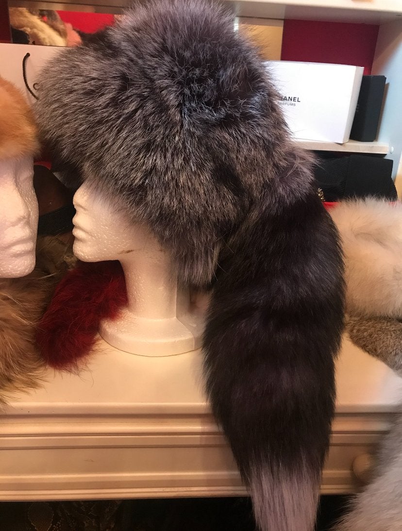 Luxe echte bontmuts met staart - Zilvervos, Ophalen, Nieuw, One size fits all, Hoed