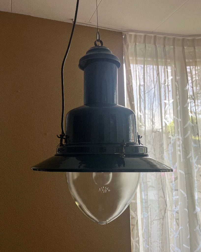 Vissershanglamp blauw email, Huis en Inrichting, Ophalen, Zo goed als nieuw, Glas, E27 (groot)