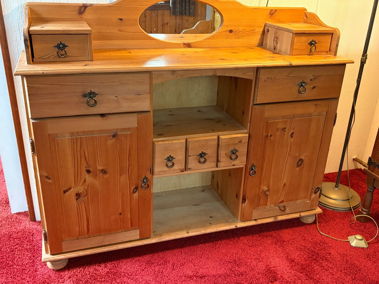Massief houten ladekast / commode met spiegel, Ophalen, Gebruikt, 5 laden of meer, 100 tot 150 cm