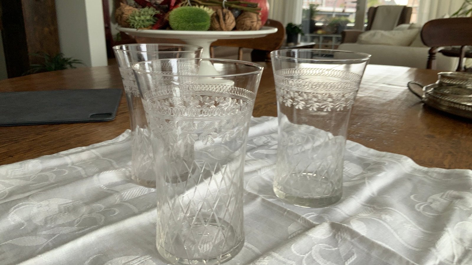 3 antieke water glazen mooi gegraveerd, Ophalen of Verzenden