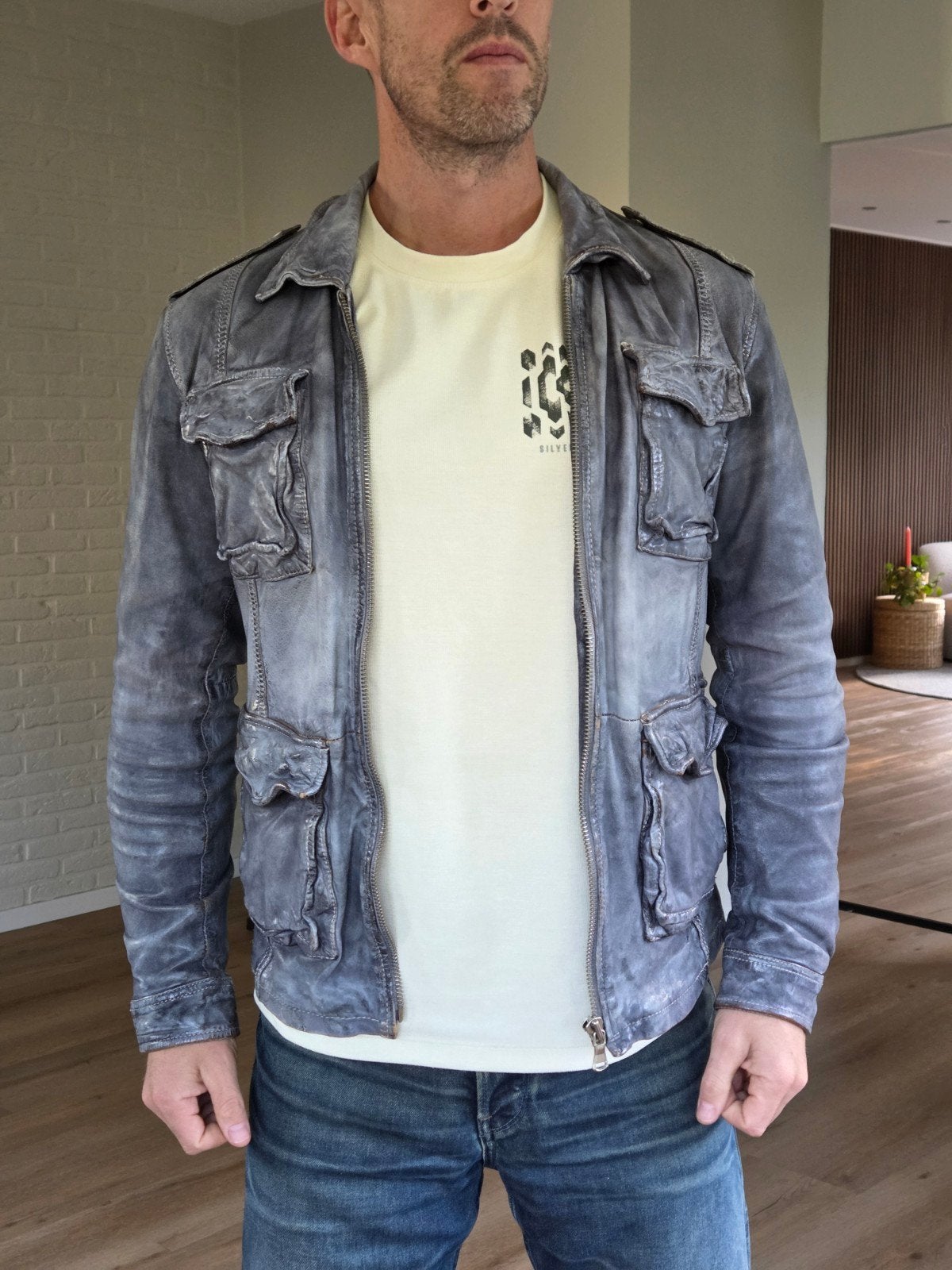 Leren jas van "Freaky Nation", Grijs - Maat M, Ophalen, Onbekend, Maat 48/50 (M), Grijs