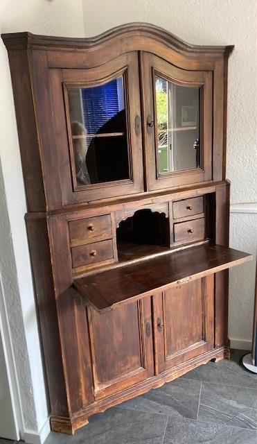 Oude antieke hoekkast met glasdeuren lades enz, Huis en Inrichting, Kasten | Vitrinekasten, Ophalen, Gebruikt, Met deur(en), 150 tot 200 cm