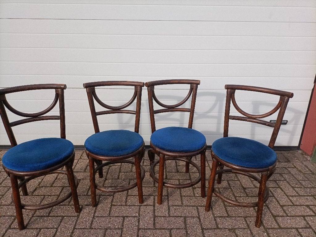 Set van 4 vintage Rotan stoelen met blauwe bekleding, Hout, Gebruikt, Blauw, Vintage, Thonet, Klassiek