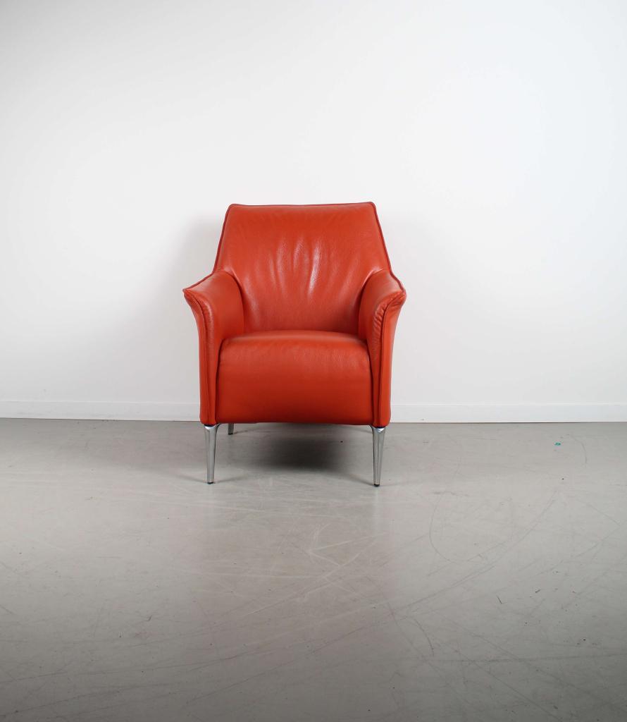 Leolux Mayuro Fauteuil Oranje Leer – Chroom, Huis en Inrichting, Fauteuils, Niet ingevuld, Minder dan 75 cm, Niet ingevuld, Ophalen of Verzenden