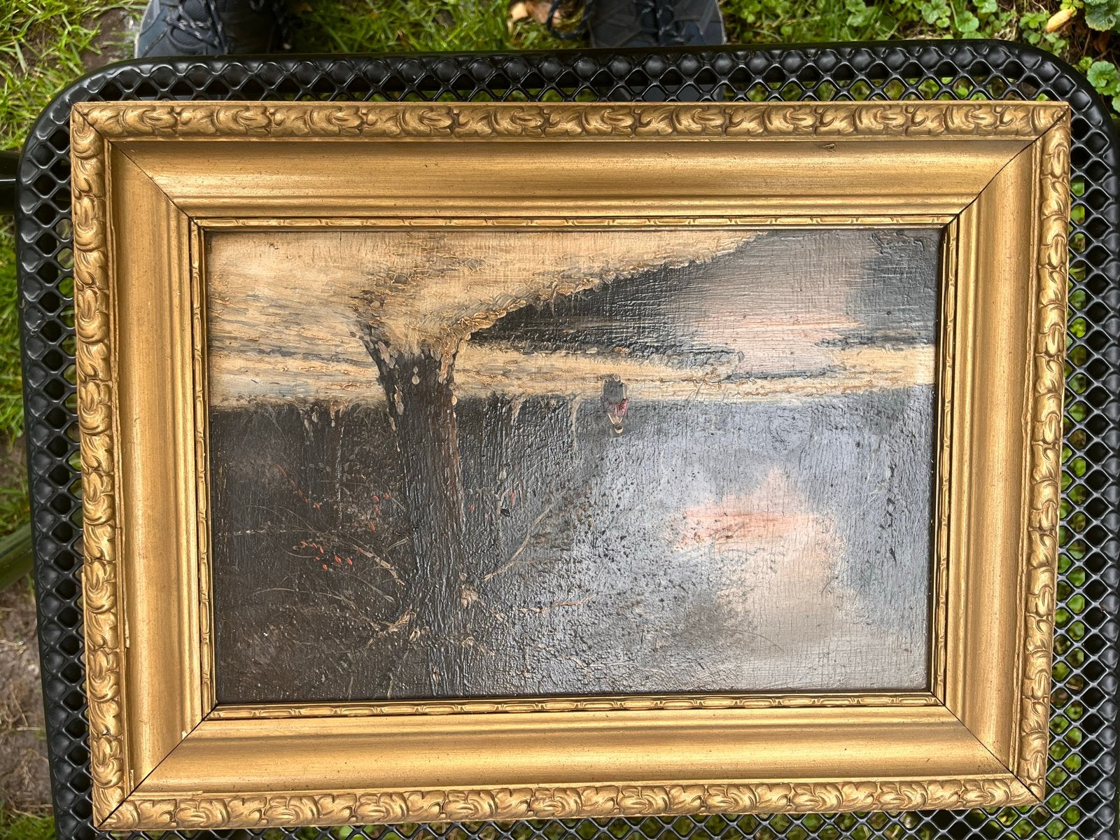 Olieverfschilderij Winterlandschap met Figuur, Doek, Ophalen of Verzenden, Landschap, Olieverf