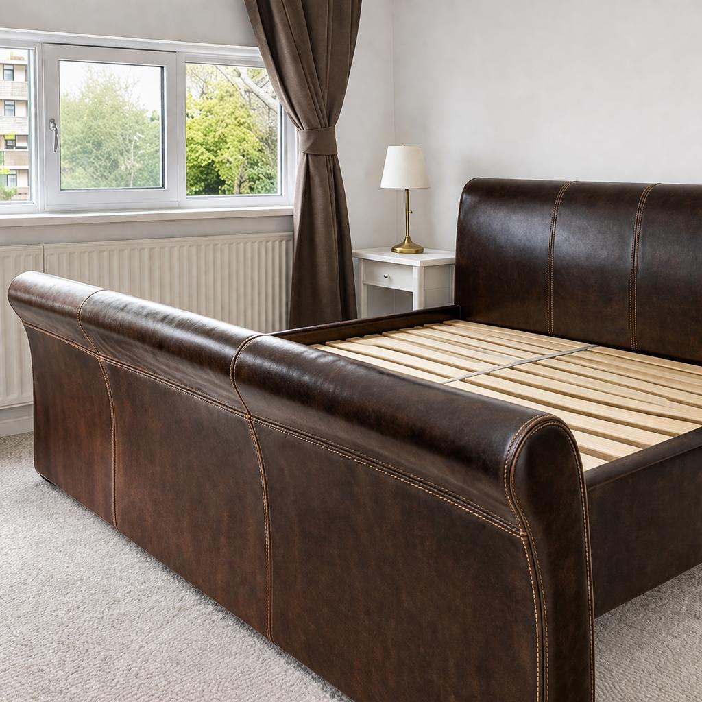 Leren Boxspring Tweepersoonsbed - Bruin, Huis en Inrichting, Slaapkamer | Boxsprings, Gebruikt, Bruin, Tweepersoons, Ophalen of Verzenden