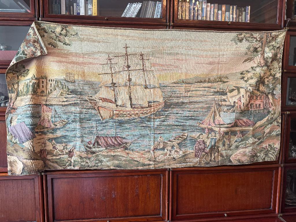 Zeer grote Antieke Gobelin Nautisch Haven Driemaster VOC, Antiek en Kunst, Ophalen of Verzenden