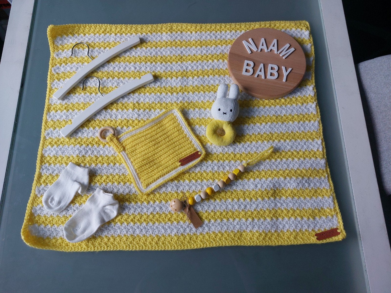 Handgehaakte Babydekentje Set Geel/Wit, Ophalen of Verzenden, Nieuw, Deken