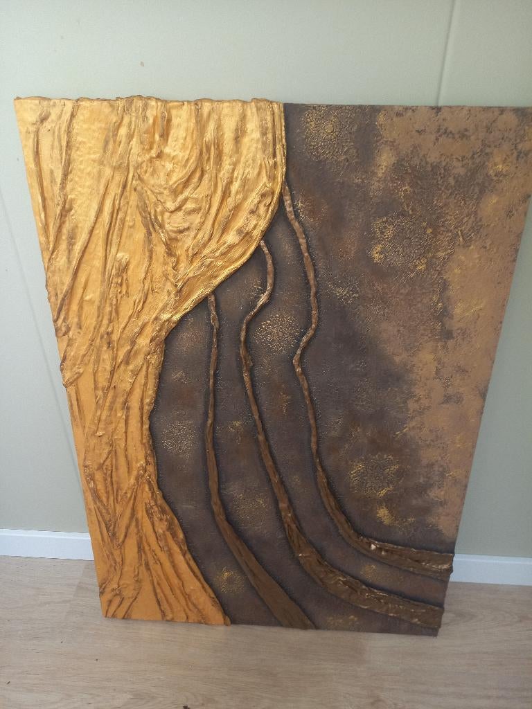 Schilderij op houten paneel, xl, goud en brons, mandala, 3d, Ophalen, Zo goed als nieuw, Schilderij, 75 cm of meer