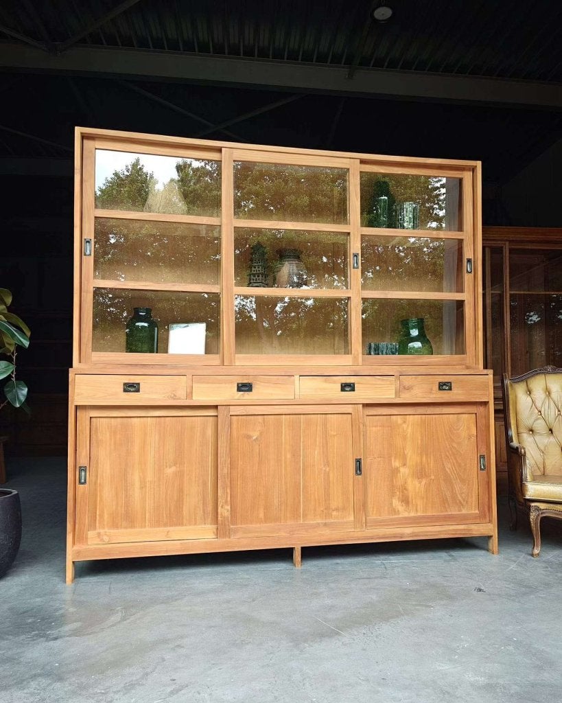 Grote teakhouten schoolkast | strakke buffetkast teak #4754, Huis en Inrichting, Kasten | Buffetkasten, Met deur(en), -, 200 cm of meer