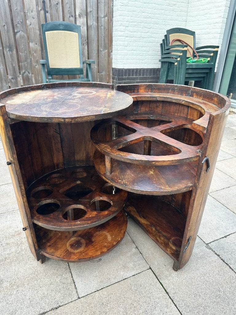 Vintage ronde houten drankkast / drankton op wieltjes, Ophalen