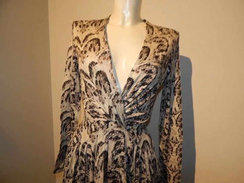 Cavalli stretch jurk vintage print zilveren glans deels IT, Kleding | Dames, Maat 38/40 (M), Zo goed als nieuw, Knielengte, Cavalli