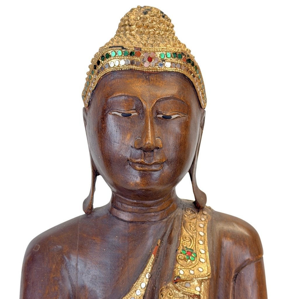 Mandalay Boeddha – Birma, verguld hout – glasinleg – 50 cm, Ophalen of Verzenden, Beeld, 50 cm, Hout