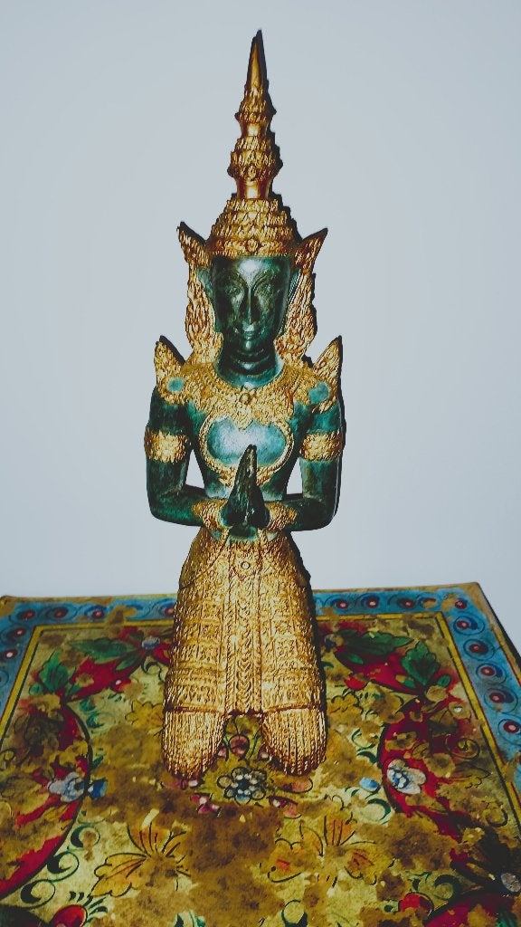 Thaise Thep Phanom bronzen Boeddha knielende tempelwachter, Huis en Inrichting, Ophalen of Verzenden, Zo goed als nieuw