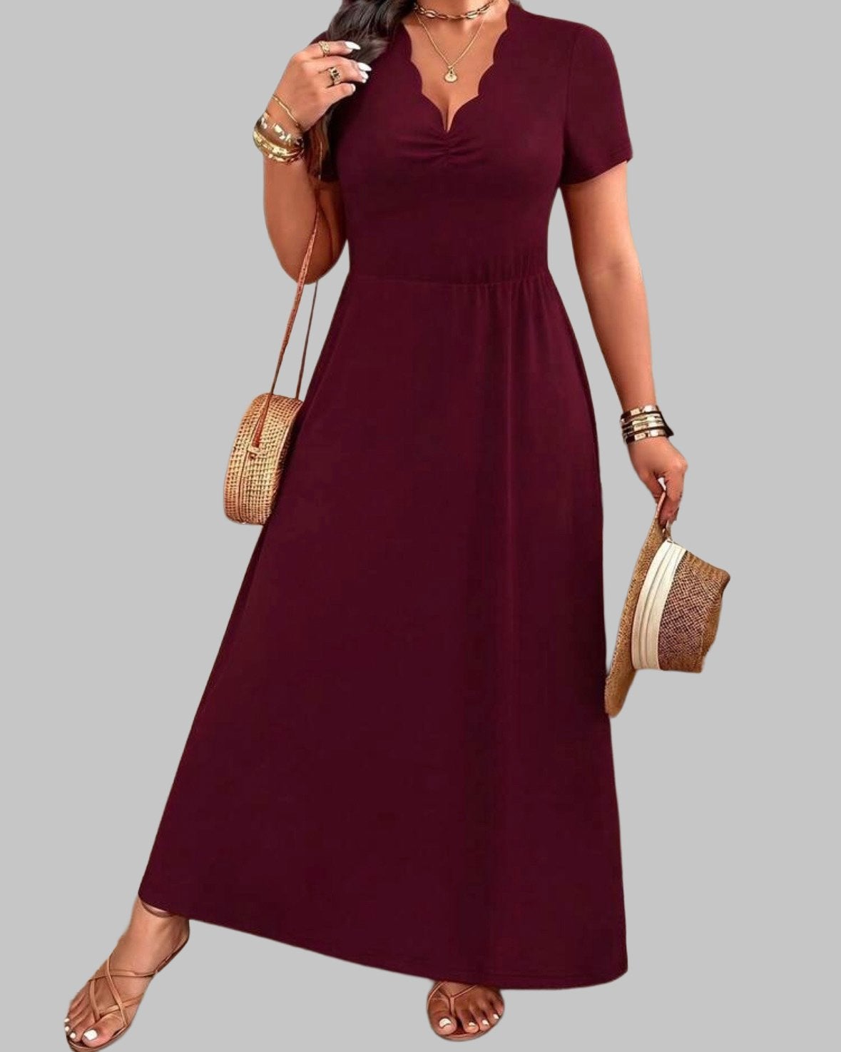 Maxi Jurk met V-hals Bordeauxrood (44-52), Kleding | Dames, Verzenden, Nieuw, Rood, Jurk