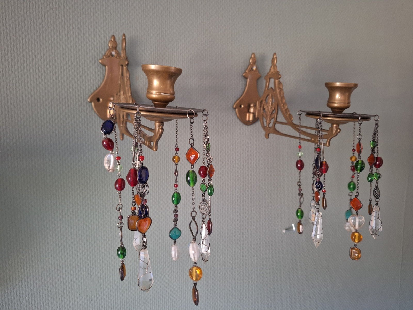 Set van 2 Vintage Wandkandelaars met Kralen, Ophalen of Verzenden, Koper of Brons